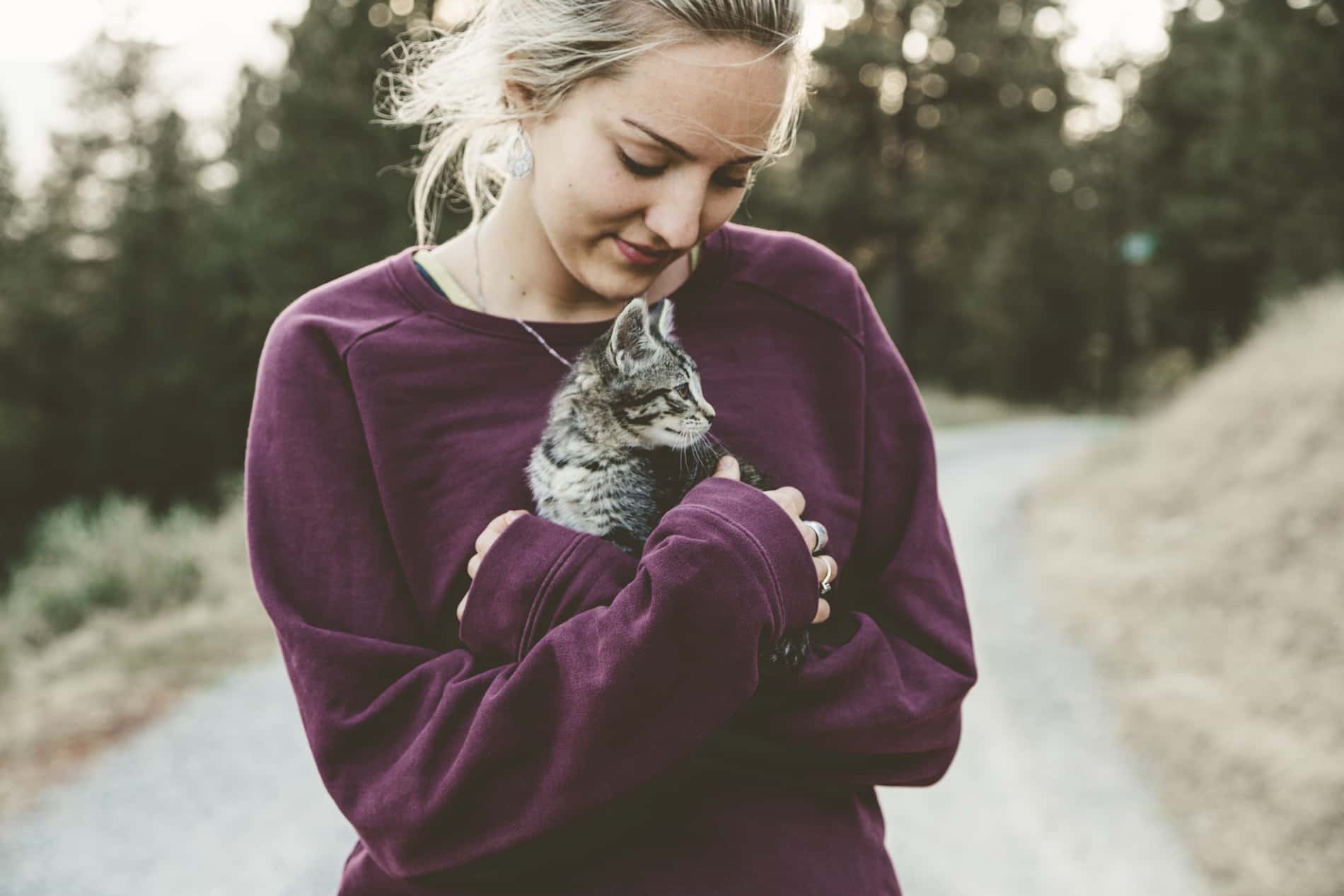 Une jeune femme serre un chaton tigré contre elle