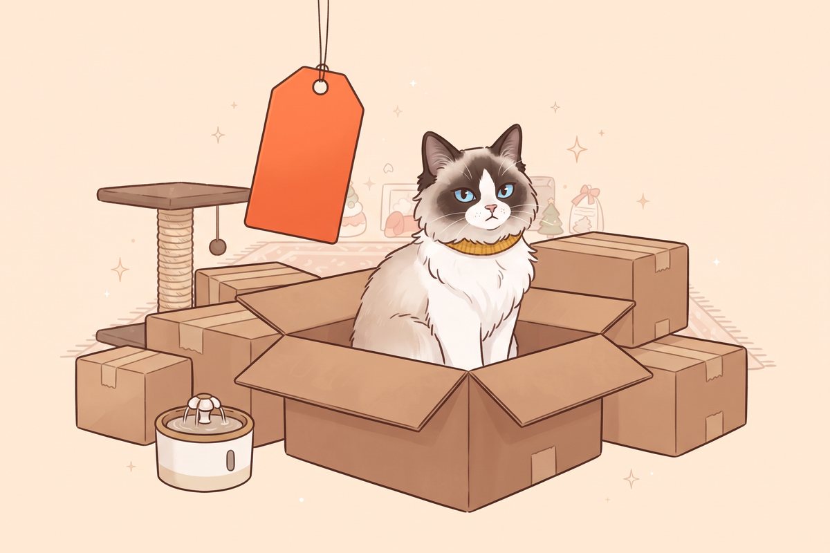 Illustration : Coton, chatte Ragdoll au collier moutarde, assise dans un carton de livraison, entre un arbre à chat, une fontaine et une étiquette de prix orange