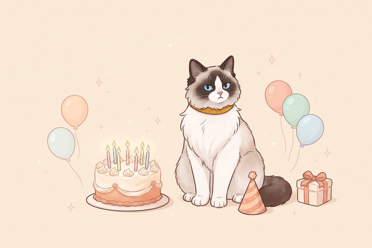 Illustration : Coton, chatte Ragdoll au collier moutarde, assise à côté d’un gâteau d’anniversaire, de ballons et d’un cadeau