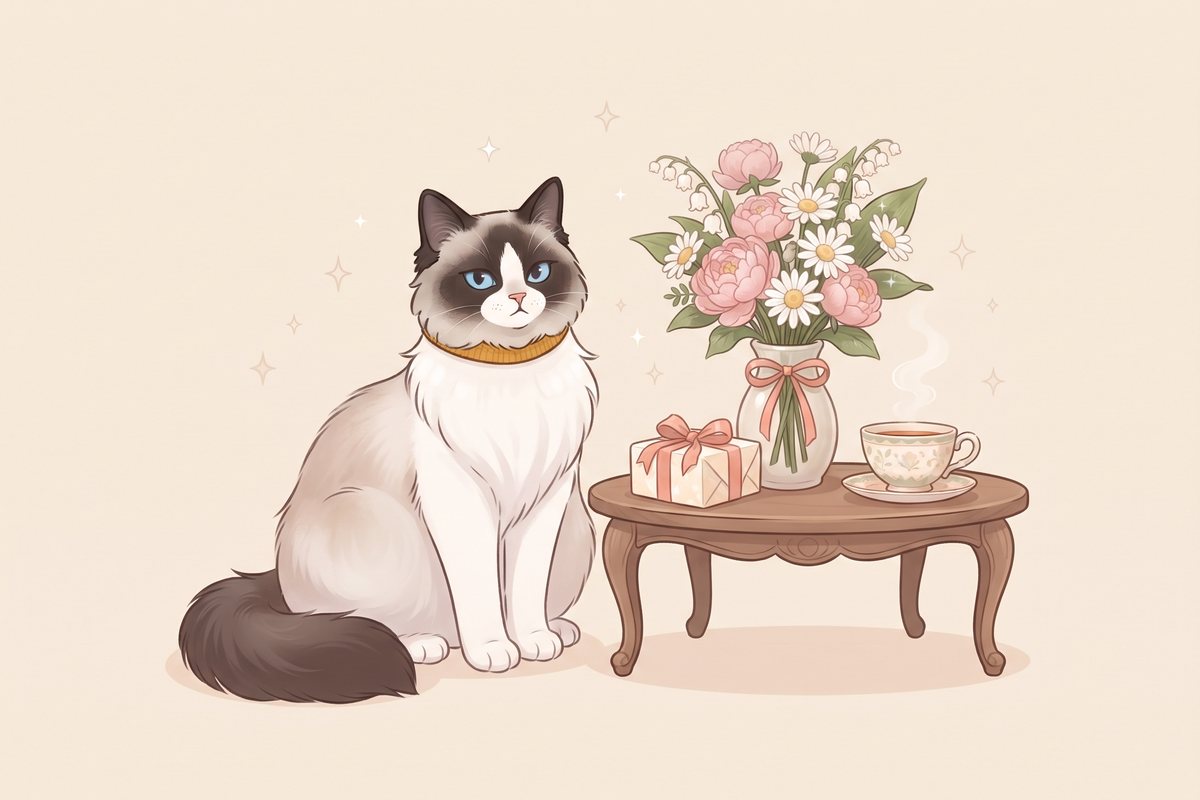 Illustration : Coton, chatte Ragdoll au collier moutarde, assise à côté d’un bouquet de fleurs, d’un cadeau et d’une tasse de thé