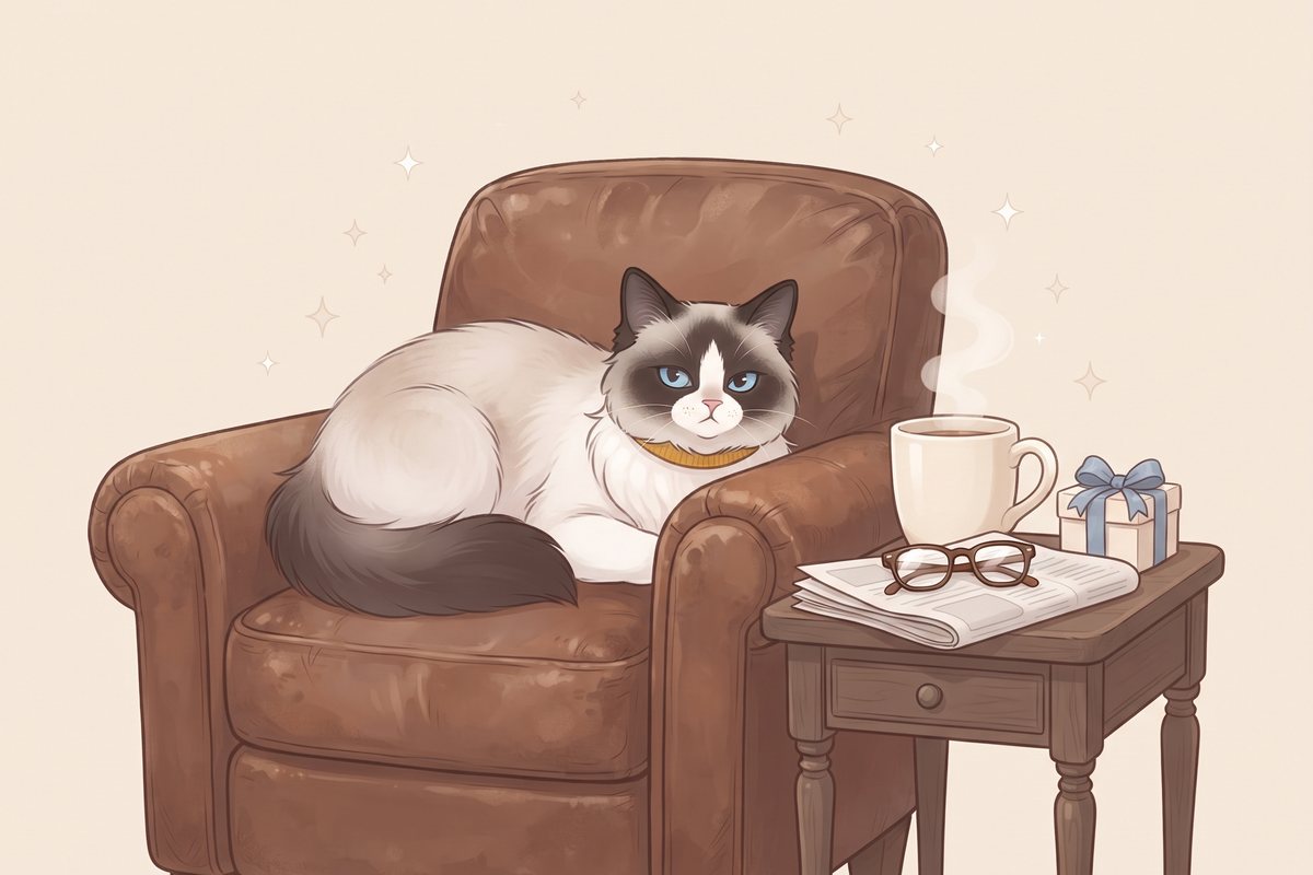 Illustration : Coton, chatte Ragdoll au collier moutarde, couchée dans un fauteuil club à côté d’un mug, d’un journal et d’un cadeau