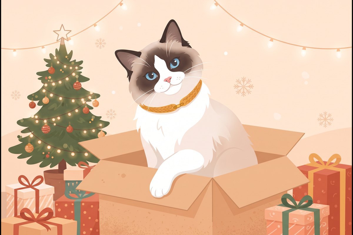 Illustration : Coton, chatte ragdoll bicolore, dans un carton ouvert devant un sapin de Noël et des cadeaux