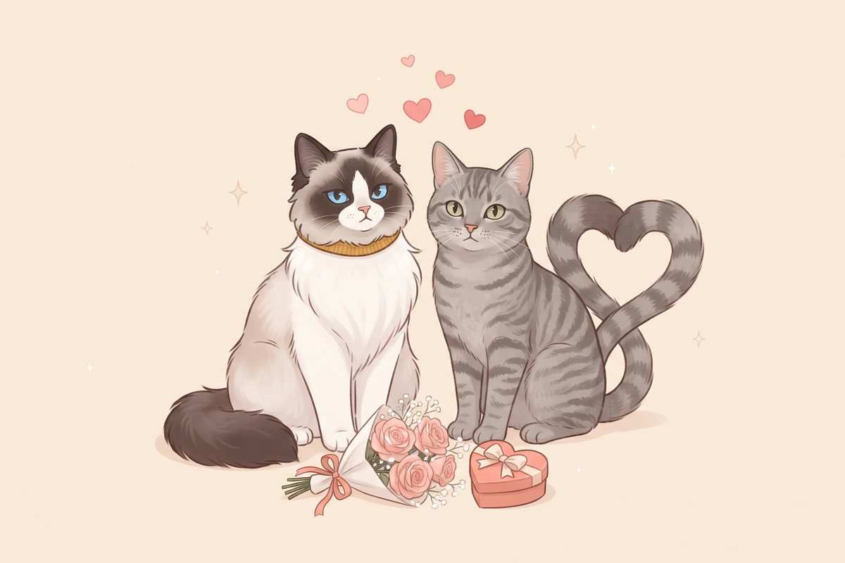 Illustration : Coton, chatte Ragdoll au collier moutarde, assise près d’un chat tigré, entourés de cœurs, de roses et d’une boîte en forme de cœur